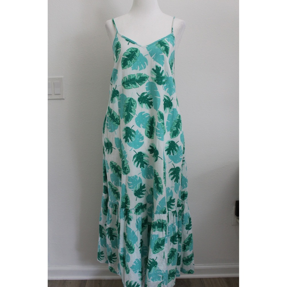 J.Crew Womens Green Palm Leaf Print Cotton Maxi Dress XXS Fits S M Pockets